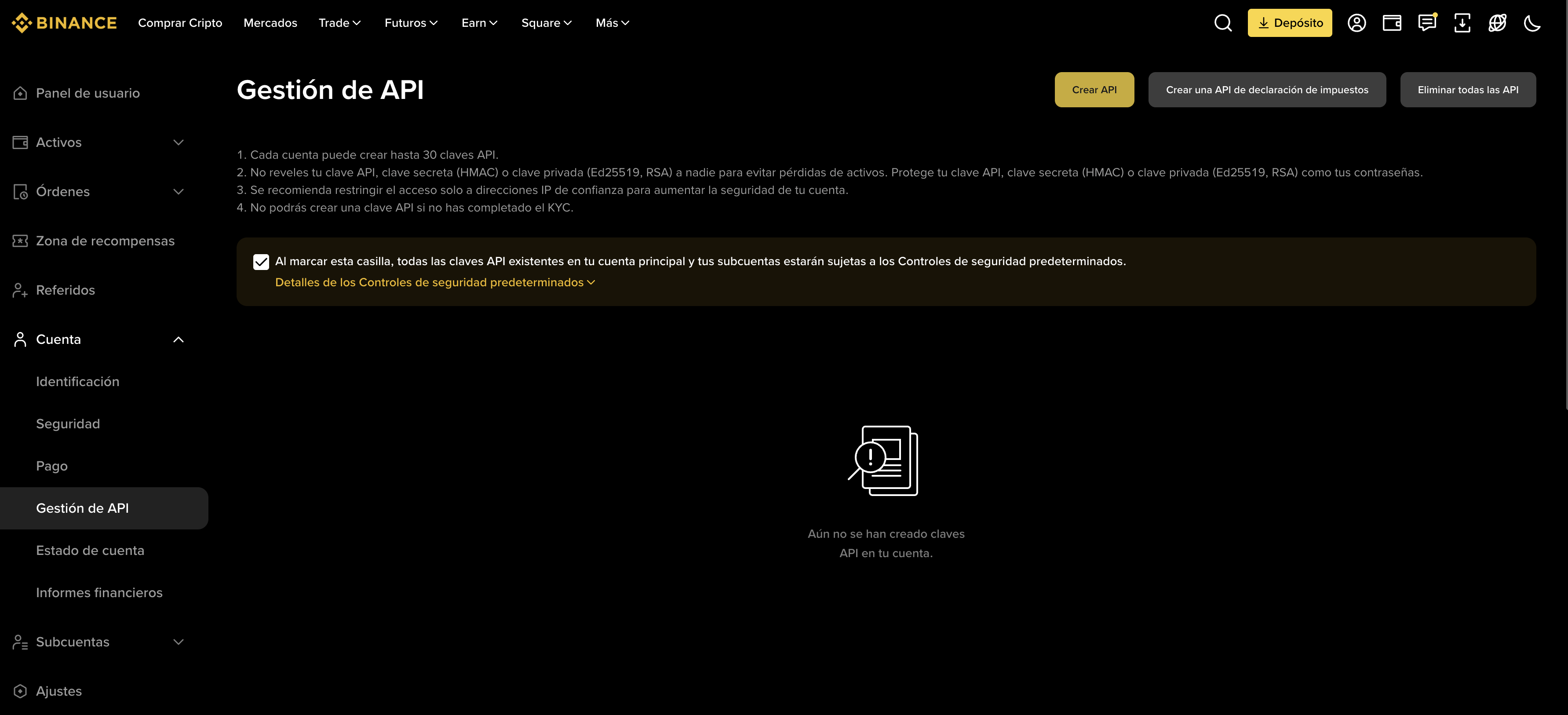 Binance — crear clave API