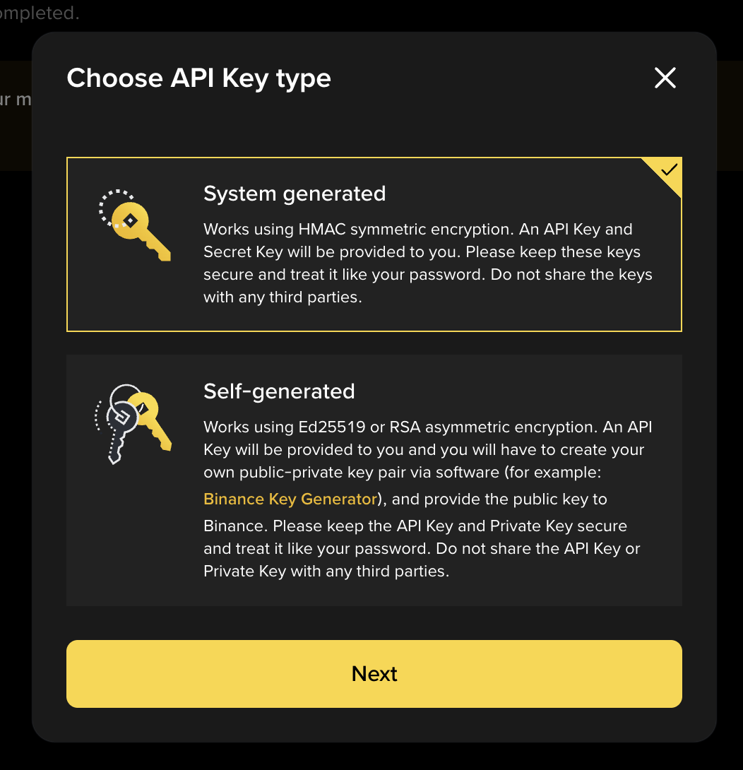Binance — copy API key and secret