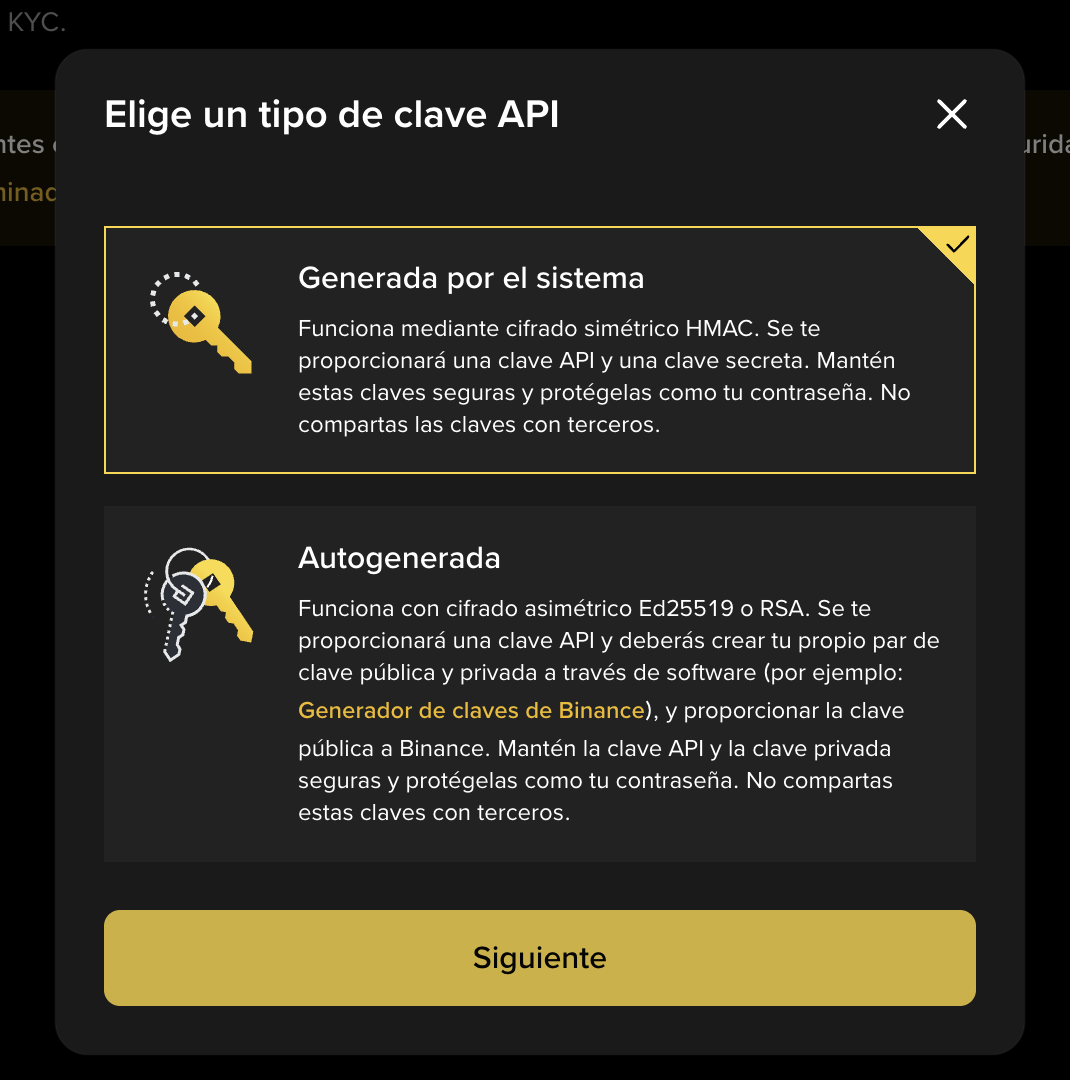 Binance — copiar clave API y secreto