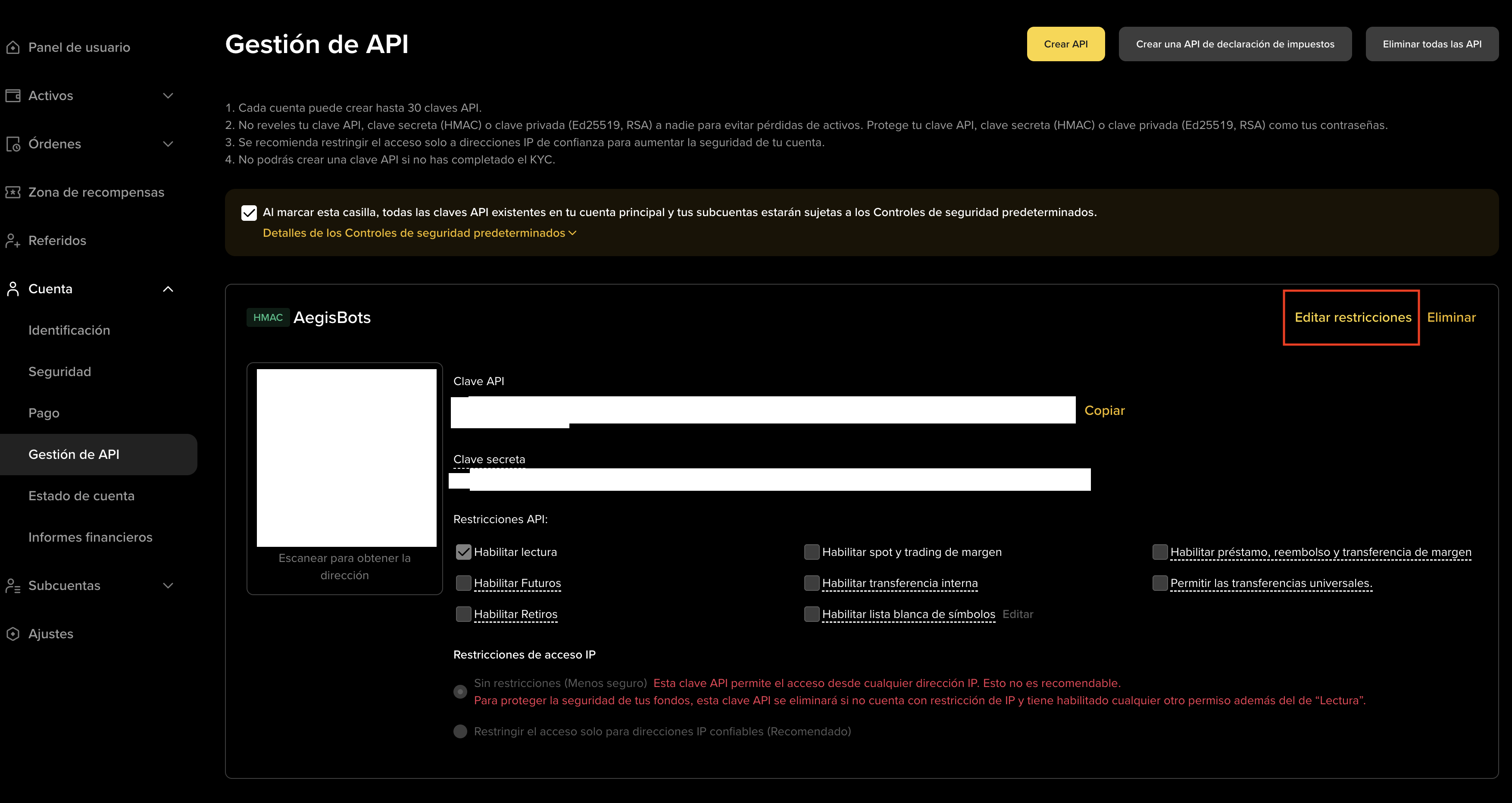 Binance — activar permiso de Futuros